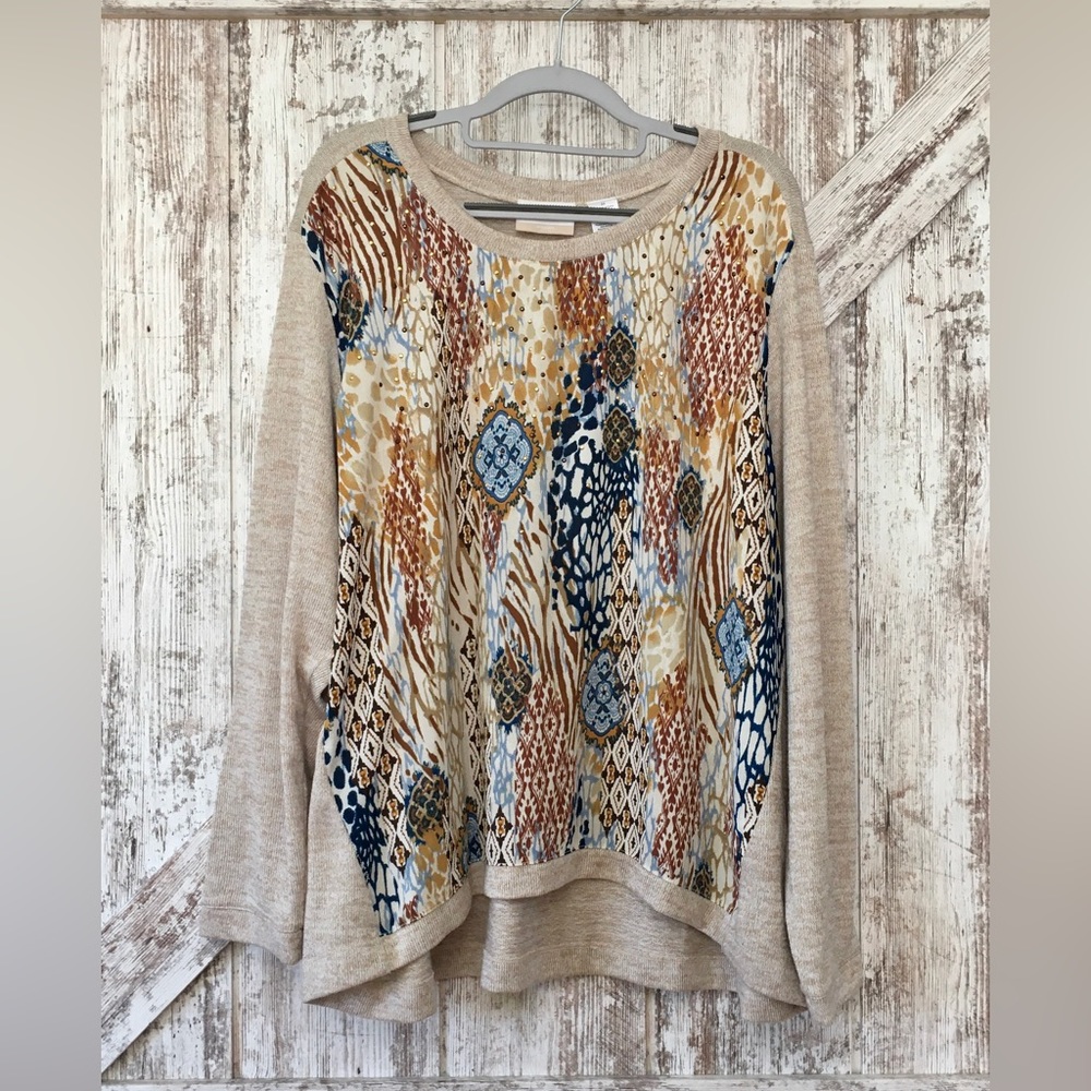 Alfred Dunner Tan/Navy/Gold/Brown High Low Lightweight Sweater